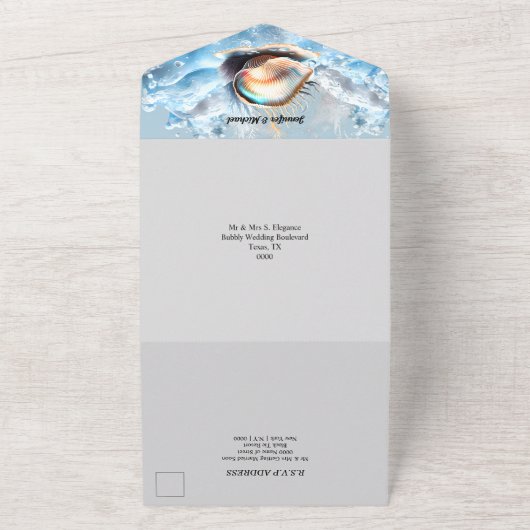 Blauwe witte zeeschelpen oceaangolven iriserend st all in one uitnodiging (Buitenkant)