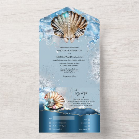 Blauwe witte zeeschelpen oceaangolven iriserend st all in one uitnodiging (Binnen)