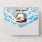 Blauwe witte zeeschelpen oceaangolven iriserend st all in one uitnodiging (Achterkant)