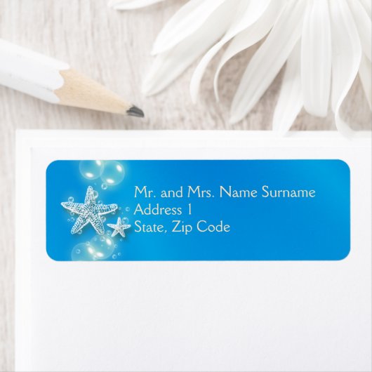 Blauwe witte zeester bubbels etiket (Insitu)