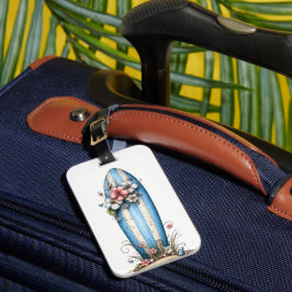 BLAUWE & WITTE ZOMER SURFPLANK & HIBISCUS BAGAGELABEL