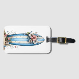 BLAUWE & WITTE ZOMER SURFPLANK & HIBISCUS BAGAGELABEL