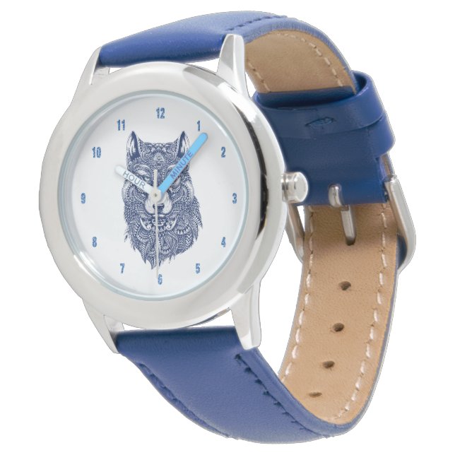 Blauwe Wolf Gedetailleerde illustratie Horloge (Gekanteld)