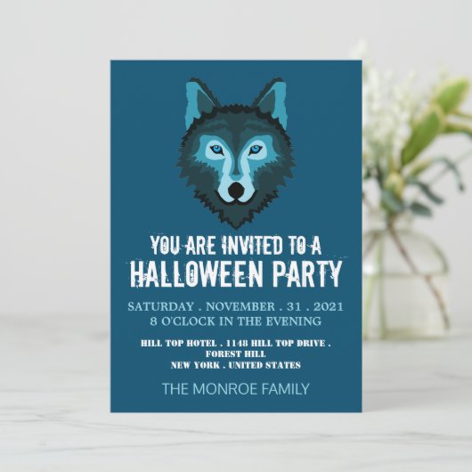 Blauwe Wolf, Halloween Party Kaart (Staand voorkant)