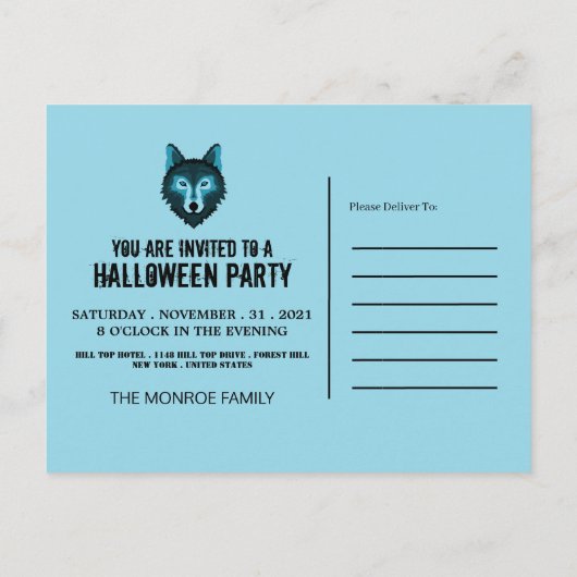 Blauwe Wolf, Halloween Party Uitnodiging Briefkaart (Achterkant)