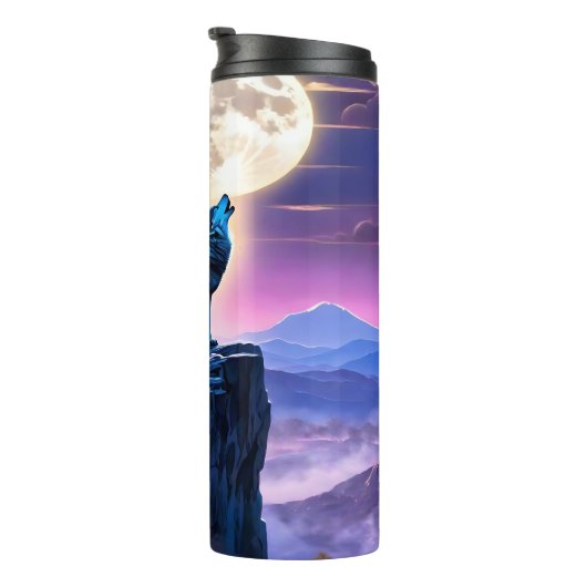 Blauwe wolf huilt bij volle maan. thermosbeker (Geroteerd rechts)