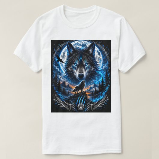 Blauwe Wolf Maan Fantasie Kunst T-Shirt (Design voorkant)