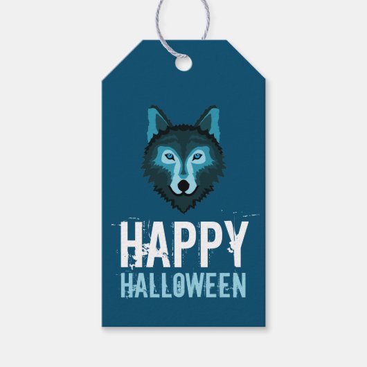 Blauwe Wolf, Prettig Halloween Cadeaulabel (Voorkant)