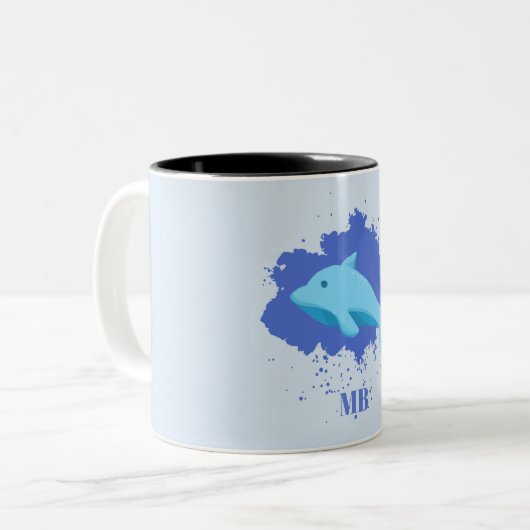 Blauwe wolk met walvis naam initialen monogram tweekleurige koffiemok (Voorkant links)