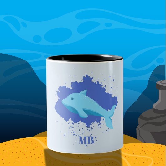 Blauwe wolk met walvis naam initialen monogram tweekleurige koffiemok