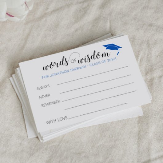 Blauwe woorden van Wisdom Advice voor Afstuderen Advieskaart