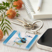 Blauwe Wren Wrens Waterverf Babyblauw Australisch Sleutelhanger (Voorkant Rechts)