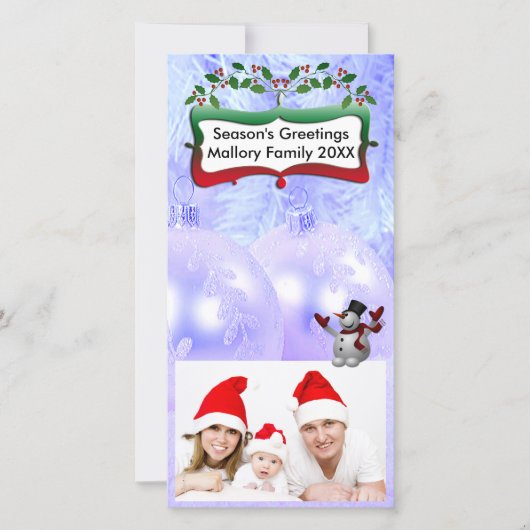 Blauwe Xmas ballen, Sneeuwman, Bomen, Hulst Feestdagenkaart (Voorkant)