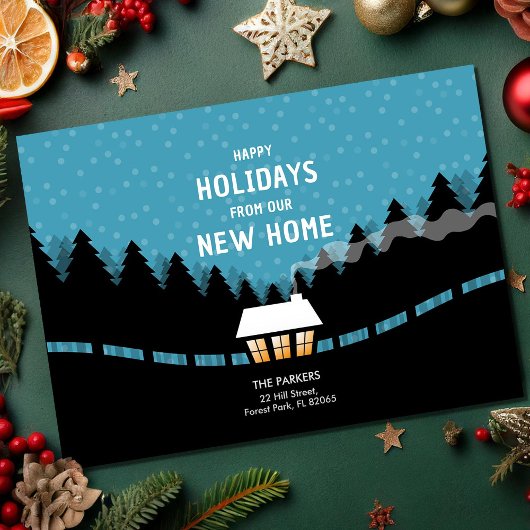 Blauwe Xmas Bewegende Aankondiging met kleine cabi