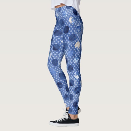 Blauwe Yoga Leggings, Vrouwen Bloem Print Patroon Leggings (Links)