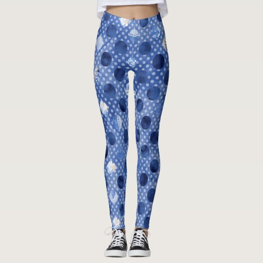 Blauwe Yoga Leggings, Vrouwen Bloem Print Patroon Leggings (Voorkant)