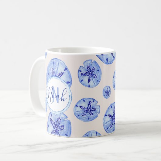 Blauwe zanddollar waterverf-aangepaste monogram-na koffiemok (Voorkant links)