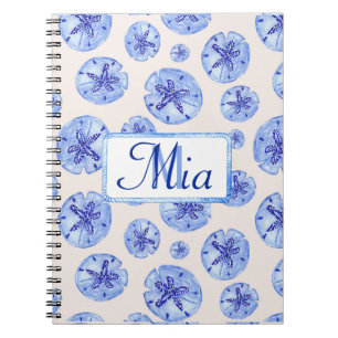 Blauwe zanddollar waterverf-aangepaste monogram-na notitieboek