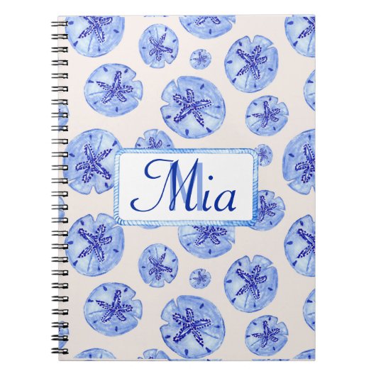 Blauwe zanddollar waterverf-aangepaste monogram-na notitieboek (Voorkant)