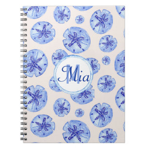 Blauwe zanddollar waterverf-aangepaste monogram-na notitieboek