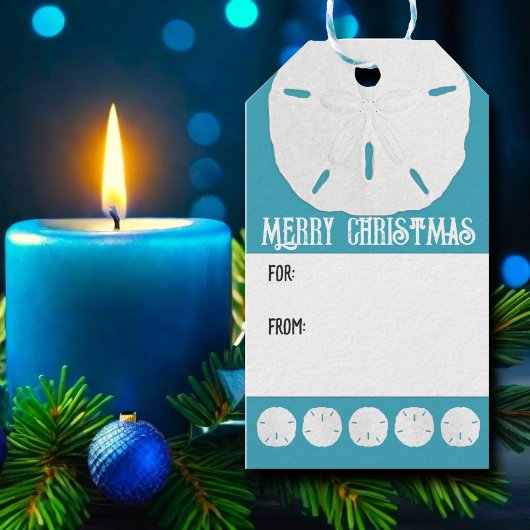 Blauwe Zanddollars Strand Kerstmis Cadeaulabel