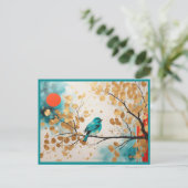 Blauwe zangvogel op gouden bladeren boomtak briefkaart (Staand voorkant)