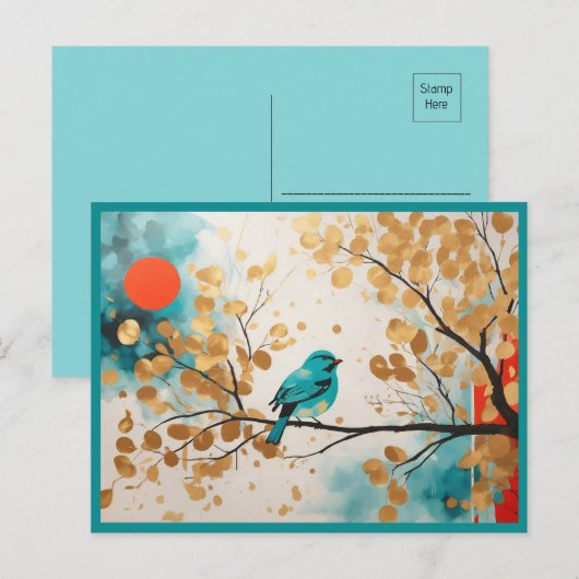 Blauwe zangvogel op gouden bladeren boomtak briefkaart (Voorkant / Achterkant)