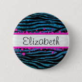 Blauwe Zebra, Glitter Zebra, Zebra Print, Jouw naa Ronde Button 5,7 Cm (Voorkant)