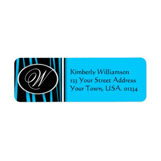 Blauwe Zebra monogram retouradreslabels Etiket (Voorkant)