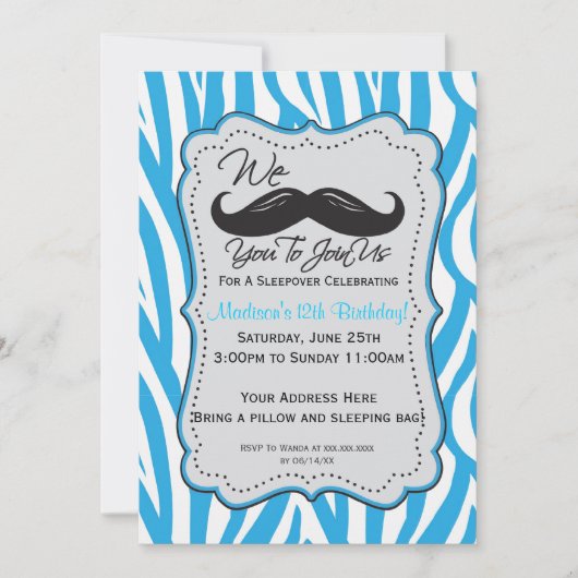 Blauwe Zebra Mustache Sleepover Party! Kaart (Voorkant)