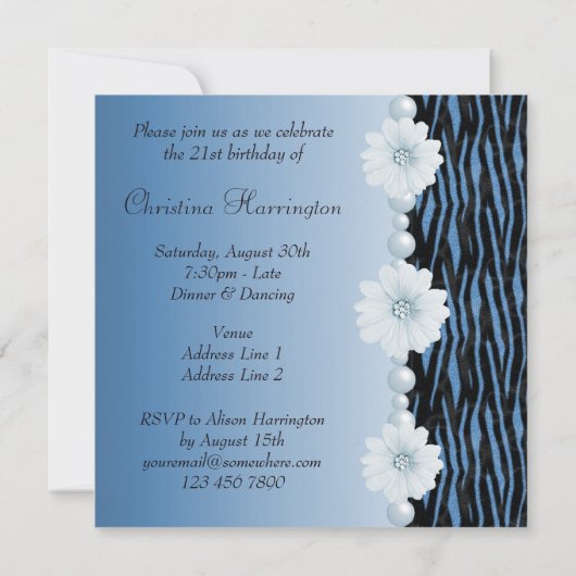 Blauwe Zebra Strepen, Parels & Bloem Verjaardagsfe Kaart (Achterkant)