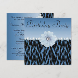 Blauwe Zebra Strepen, Parels & Bloem Verjaardagsfe Kaart