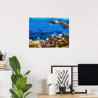 Blauwe zee en rotsachtige kust Van Gogh stijl Poster