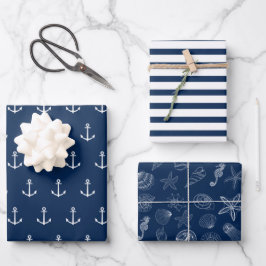 Blauwe zee Nautical Anchor Stripes Zee Life Inpakpapier Vel