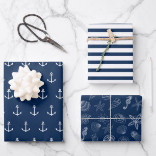 Blauwe zee Nautical Anchor Stripes Zee Life Inpakpapier Vel