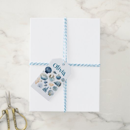 Blauwe Zee Schelpen Cadeaubijschrift | Aangepaste Cadeaulabel (Met Touw)
