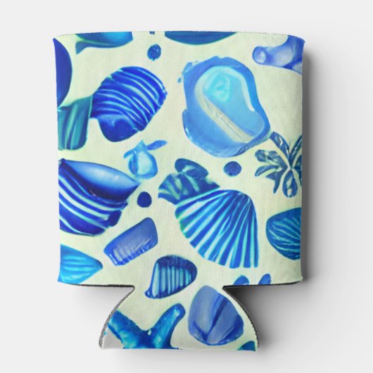 Blauwe zee schelpen en oceaanpatroon blikjeskoeler (Achterkant)