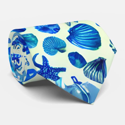 Blauwe zee schelpen en oceaanpatroon stropdas (Opgerold)