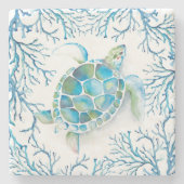 Blauwe Zee schildpad en koraalrif Stenen Onderzetter (Voorkant)
