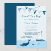 Blauwe zeeboot babyjongetje doucheuitnodiging kaart (Voorkant / Achterkant)
