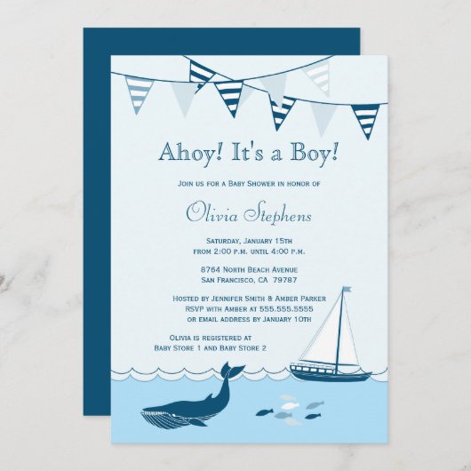 Blauwe zeeboot babyjongetje doucheuitnodiging kaart (Voorkant / Achterkant)