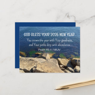 Blauwe Zeekust God Zegen Nieuwjaar 2026 Bijbelvers Briefkaart