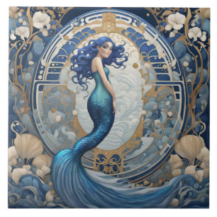 Blauwe Zeemeermin Art Nouveau Art Deco Stijl Tegeltje