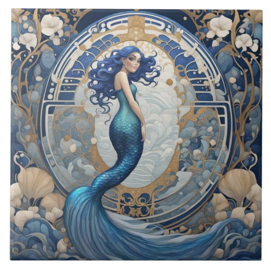 Blauwe Zeemeermin Art Nouveau Art Deco Stijl Tegeltje (Voorkant)