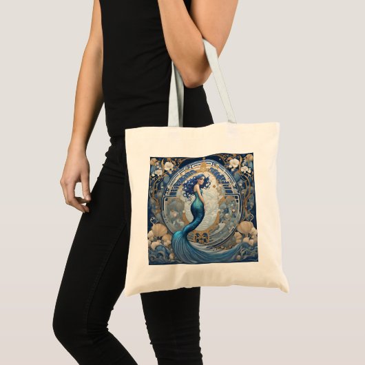 Blauwe Zeemeermin Art Nouveau Art Deco Stijl Tote Bag (Voorkant (product))