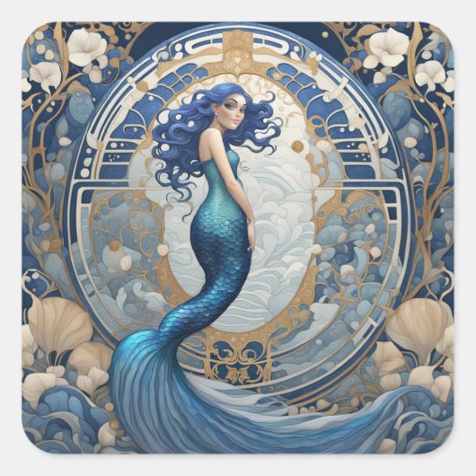 Blauwe Zeemeermin Art Nouveau Art Deco Stijl Vierkante Sticker (Voorkant)