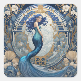 Blauwe Zeemeermin Art Nouveau Art Deco Stijl Vierkante Sticker