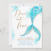 Blauwe zeemeermin duik in vijf 5e verjaardagsfeest kaart (Voorkant)