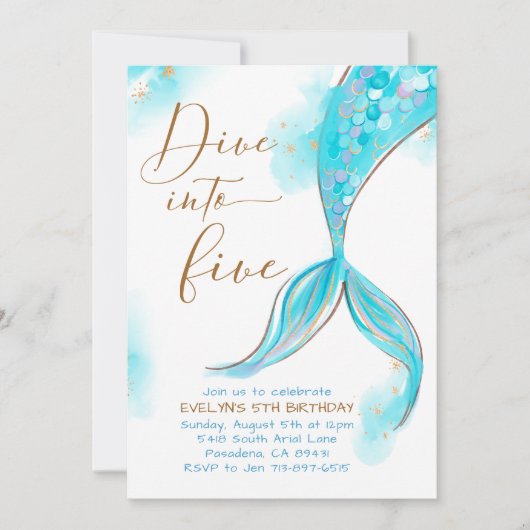 Blauwe zeemeermin duik in vijf 5e verjaardagsfeest kaart (Voorkant)