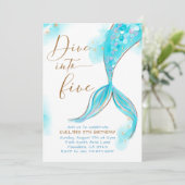 Blauwe zeemeermin duik in vijf 5e verjaardagsfeest kaart (Staand voorkant)